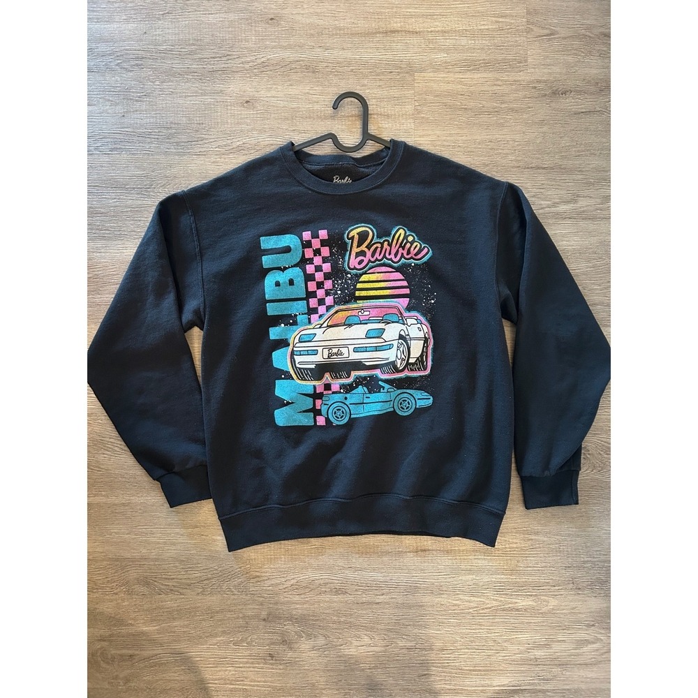 Barbie Malibu Graphic Sweatshirt Black Retro Car Neon‎ Crewneck Mens L